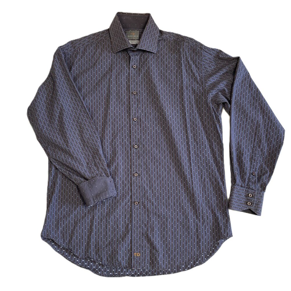 Thomas Dean Shirt Men's Large Blue Long Sleeve Stripe Flip Cuff 100% Cotton